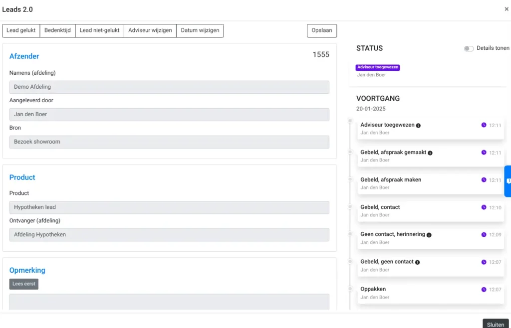 Screenshot leads detailpagina