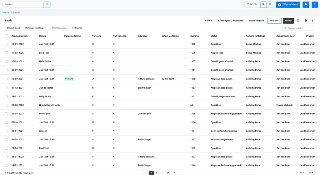 Screenshot leads tabel