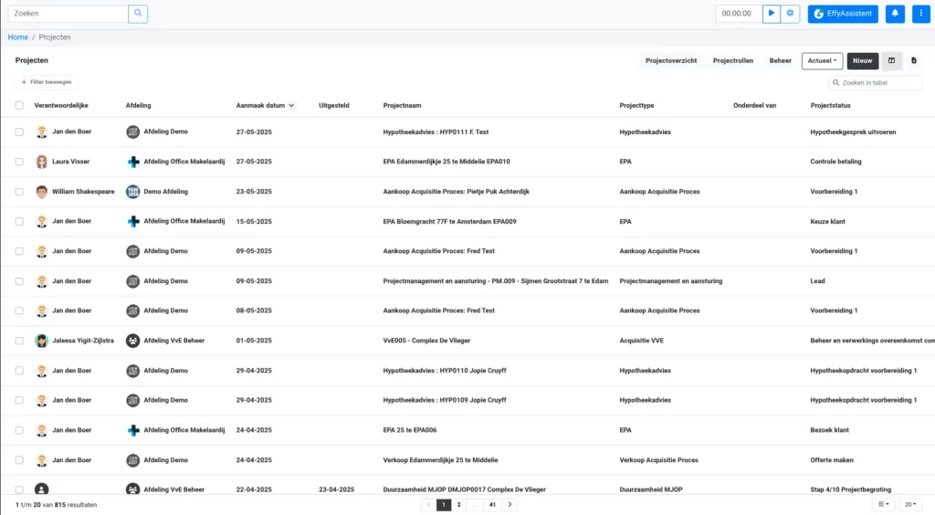 Screenshot projecten overzicht