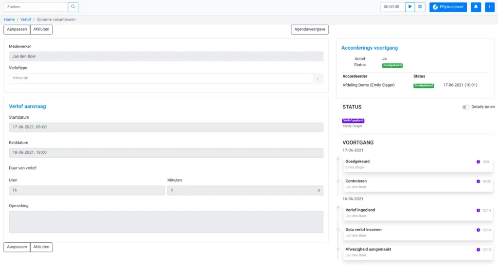 Screenshot verlof module effytool