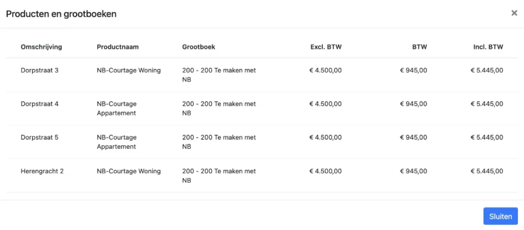 Producten en grootboeken screenshot